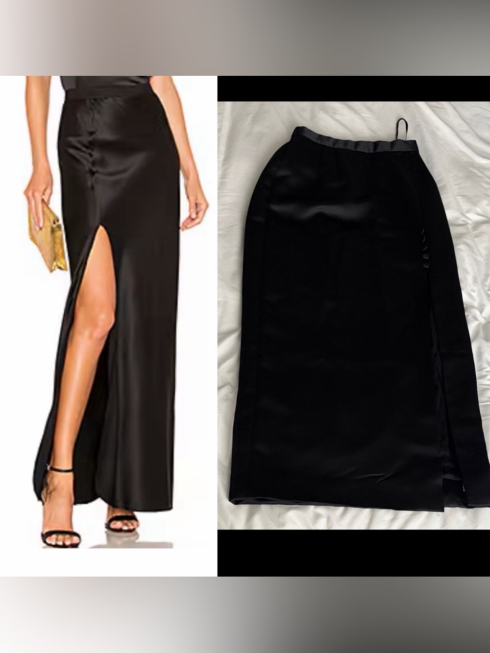 Vintage Black Satin Front Slit Midi / Maxi Skirt